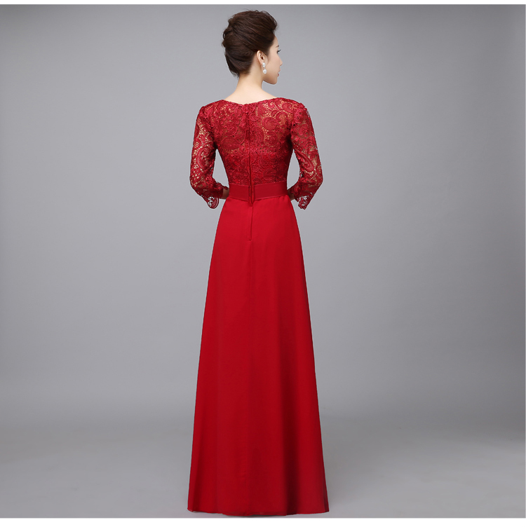 Pro-order ชุดราตรียาว แขนยาว แต่งผ้าลูกไม้ฉลุ ช่วงบน ผ้าซาตินคาดเอว กระโปรงชีฟอง ซิปหลัง ไซส์ใหญ่ XS-4XL