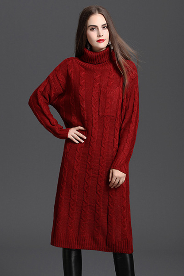 เดรสคอเต่าตัวยาว ไหมพรมหนานุ่มถักลาย (11782B)