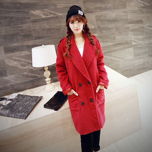เสื้อโค้ทกันหนาวตัวยาว ผ้าวูลเนื้อหนาแต่งกระดุมคู่ (11730CV)