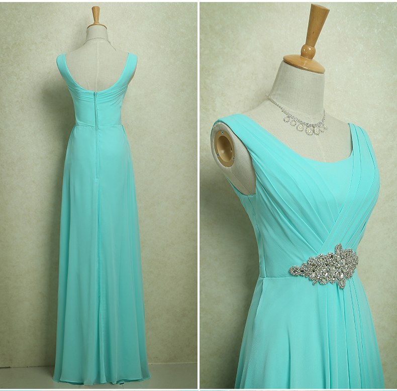 Pre-order ชุดราตรียาว แขนกุด จับจีบ ผ้าชีฟอง แต่งเพชรที่เอว ซิปหลัง