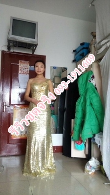 Pro-order ชุดราตรียาว เกาะอก ไหล่เดียว แต่งเลื่อม แต่งดอกช่วงอก ซิปหลัง ทรงหางปลา ไซส์ใหญ่ S-2XL