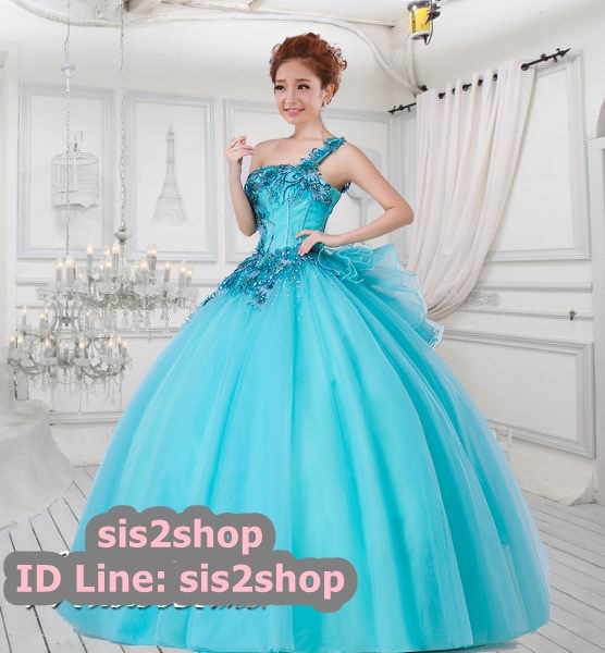 พร้อมเช่า ชุดแฟนซี ชุดราตรี สีฟ้า เกาะอก ไหล่เดียว เชือกผูกหลัง