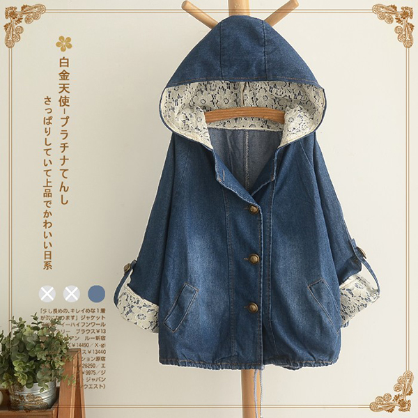 เสื้อแจ็คเก็ตยีนส์กันหนาว มีฮู้ดแต่งผ้าลูกไม้วินเทจ (11826LM)