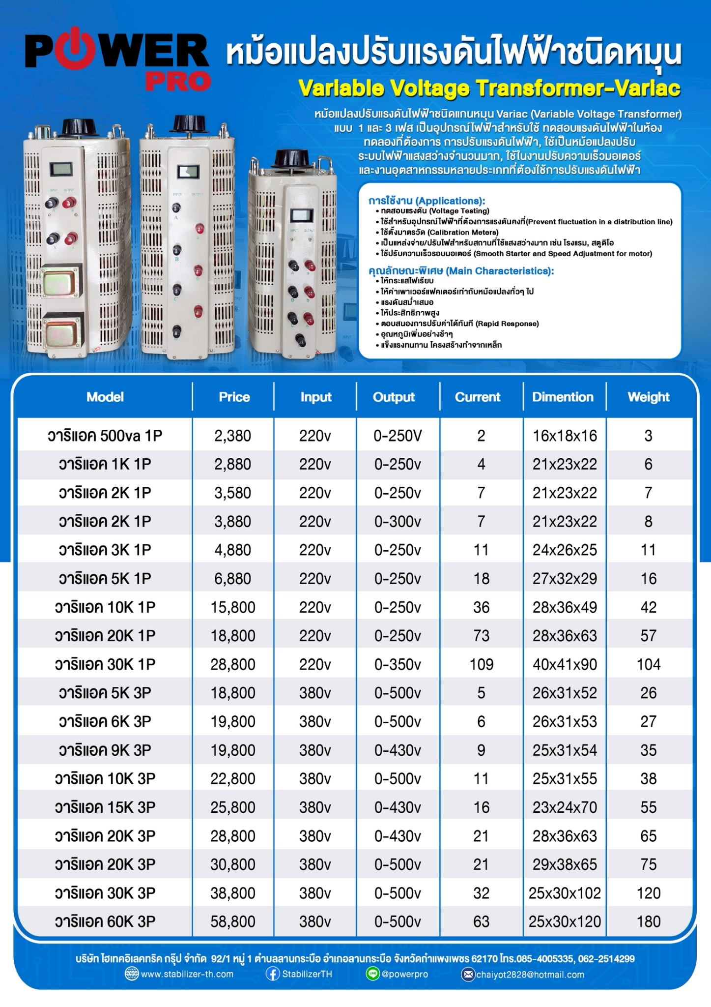 วาริแอค หม้อแปลงปรับแรงดันไฟฟ้าชนิดแกนหมุน 20Kva 1 เฟส