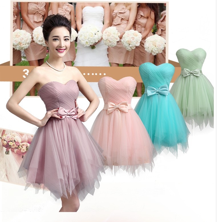 Pre-order ชุดราตรีสั้น ชุดเพื่อนเจ้าสาว เกาะอก คาดเอวด้วยโ่บว์ กระโปรงตาข่าย เชือกผูกหลัง