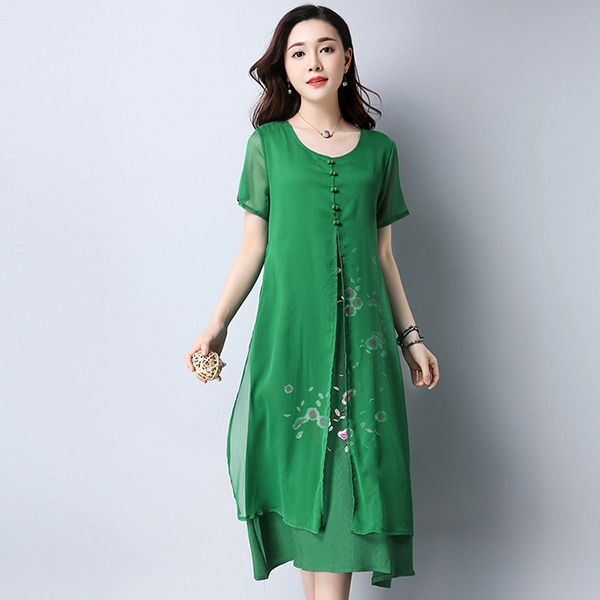 เดรสยาวผ้าฝ้ายญี่ปุ่นปักลายดอก ชายพริ้วสวย (11811M)