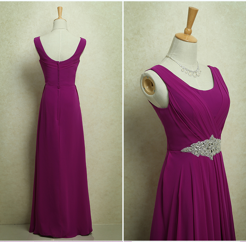 Pre-order ชุดราตรียาว แขนกุด จับจีบ ผ้าชีฟอง แต่งเพชรที่เอว ซิปหลัง