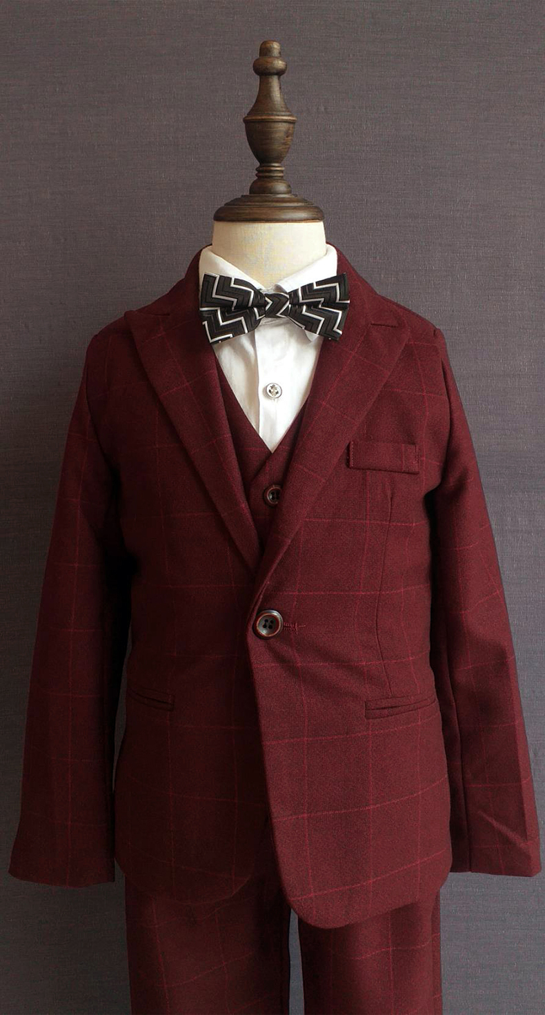 เช่า ชุดสูทเด็กชาย สีแดงเบอร์กันดี ลายตาราง สไตล์เกาหลี