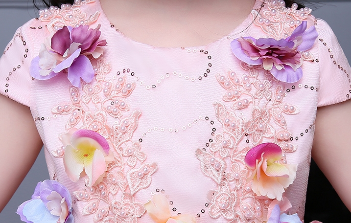 Pre-order ชุดแฟนซี แขนสั้น คอกลม ปักเลื่อม แต่งดอกไม้ กระโปรงตาข่าย ซิปหลัง