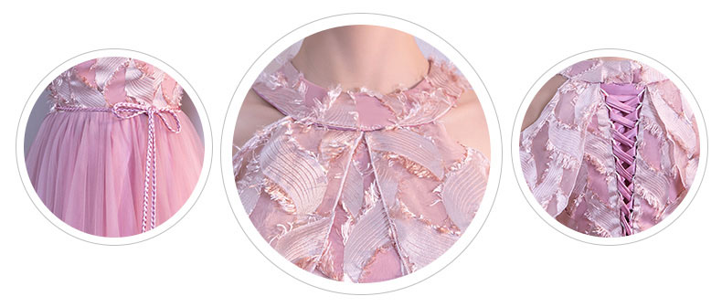 ชุดราตรียาวคล้องคอแต่งระบายไหล่สีชมพูNude กระโปรงตาข่าย (เชือกผูกหลัง)