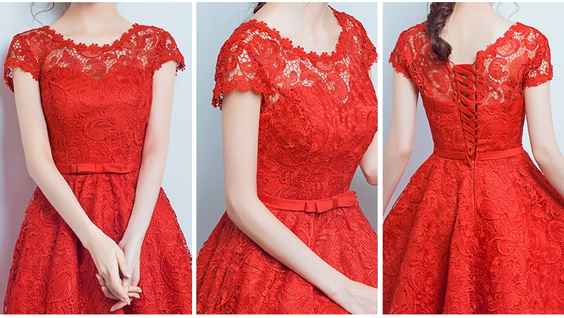 Pre-order ชุดราตรีสั้น สีแดง แต่งลูกไม้ทั้งชุด เพิ่มโบว์ช่วงเอว กระโปรงหน้าสั้นหลังยาว เชือกผูกหลัง