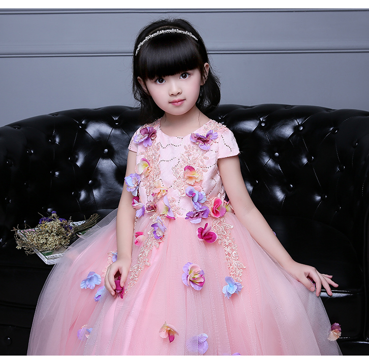 Pre-order ชุดแฟนซี แขนสั้น คอกลม ปักเลื่อม แต่งดอกไม้ กระโปรงตาข่าย ซิปหลัง