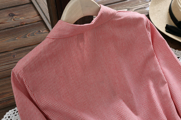 เดรสเชิ้ตแขนยาว เอวผูกจั๊ม ปักลายแมวน่ารัก (12296LM)