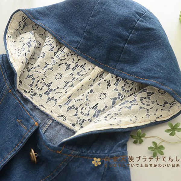 เสื้อแจ็คเก็ตยีนส์กันหนาว มีฮู้ดแต่งผ้าลูกไม้วินเทจ (11826LM)