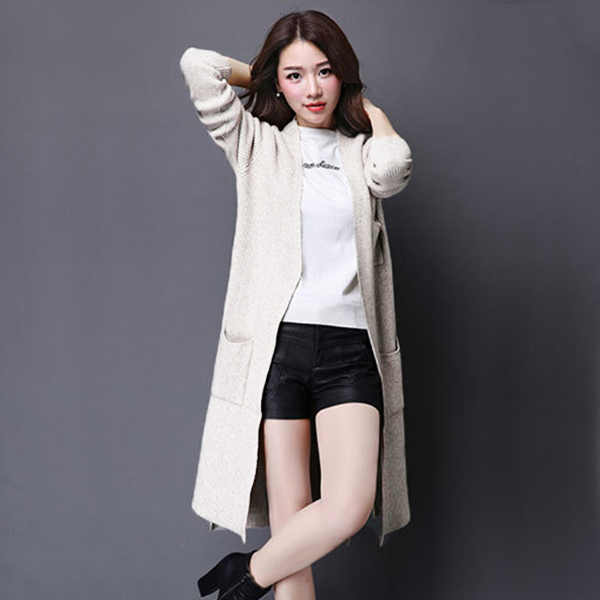 เสื้อคลุมกันหนาวตัวยาว ผ้าไหมพรมกึ่งวูลหนานุ่ม แต่งกระเป๋าคู่ (11657B)