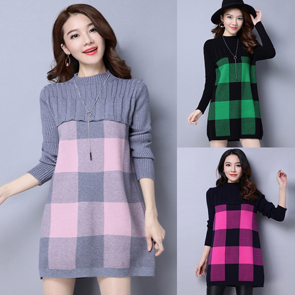 เดรสไหมพรมคอเต่า แขนยาว ถักลายตาราง (12219B)