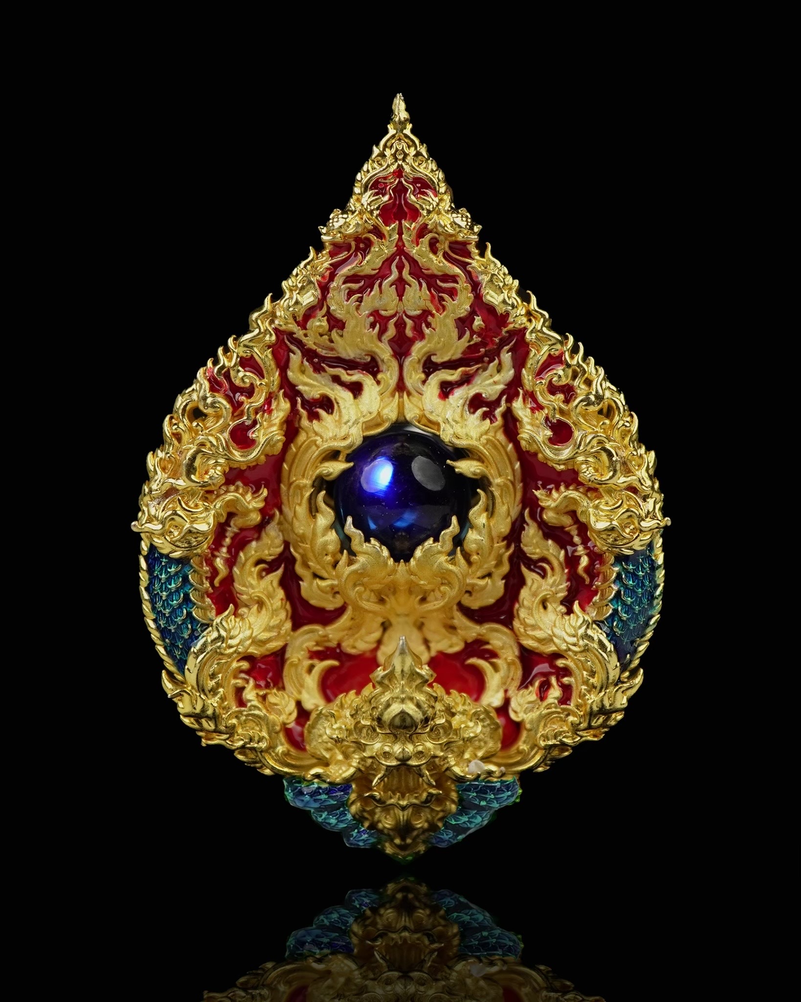 เหรียญมณีนาคราชแก้วบุญฤทธิ์ รหัส5 เนื้อบรอนซ์ชุบทอง ลงยาแดงน้ำเงิน