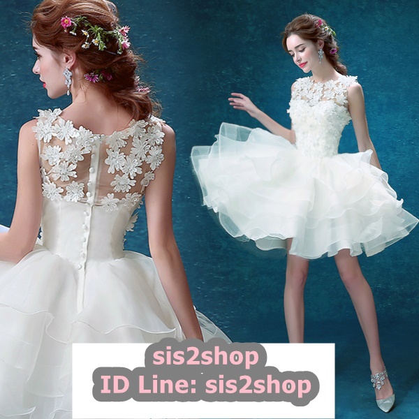 พร้อมเช่า ชุดแฟนซี ชุดเจ้าสาว ชุดราตรีสั้น แขนกุด สีขาว กระโปรงระบาย แต่งลูกไม้ปักเลื่อม น่ารักมาก (ซิปหลัง แต่งกระดุม)