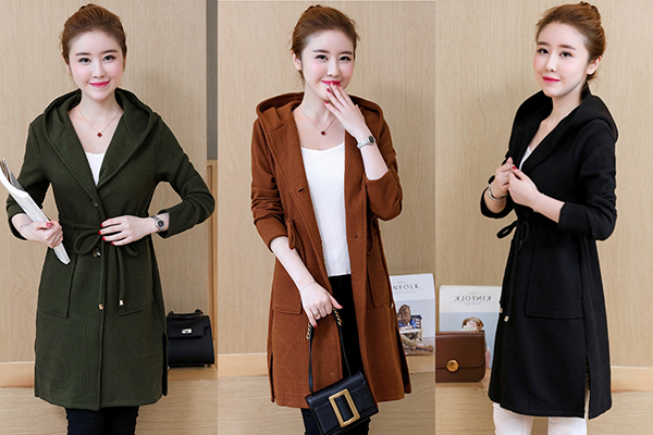 คาร์ดิแกน เสื้อคลุมกันหนาวตัวยาว มีฮู้ด แต่งกระเป๋าคู่ (12051B)