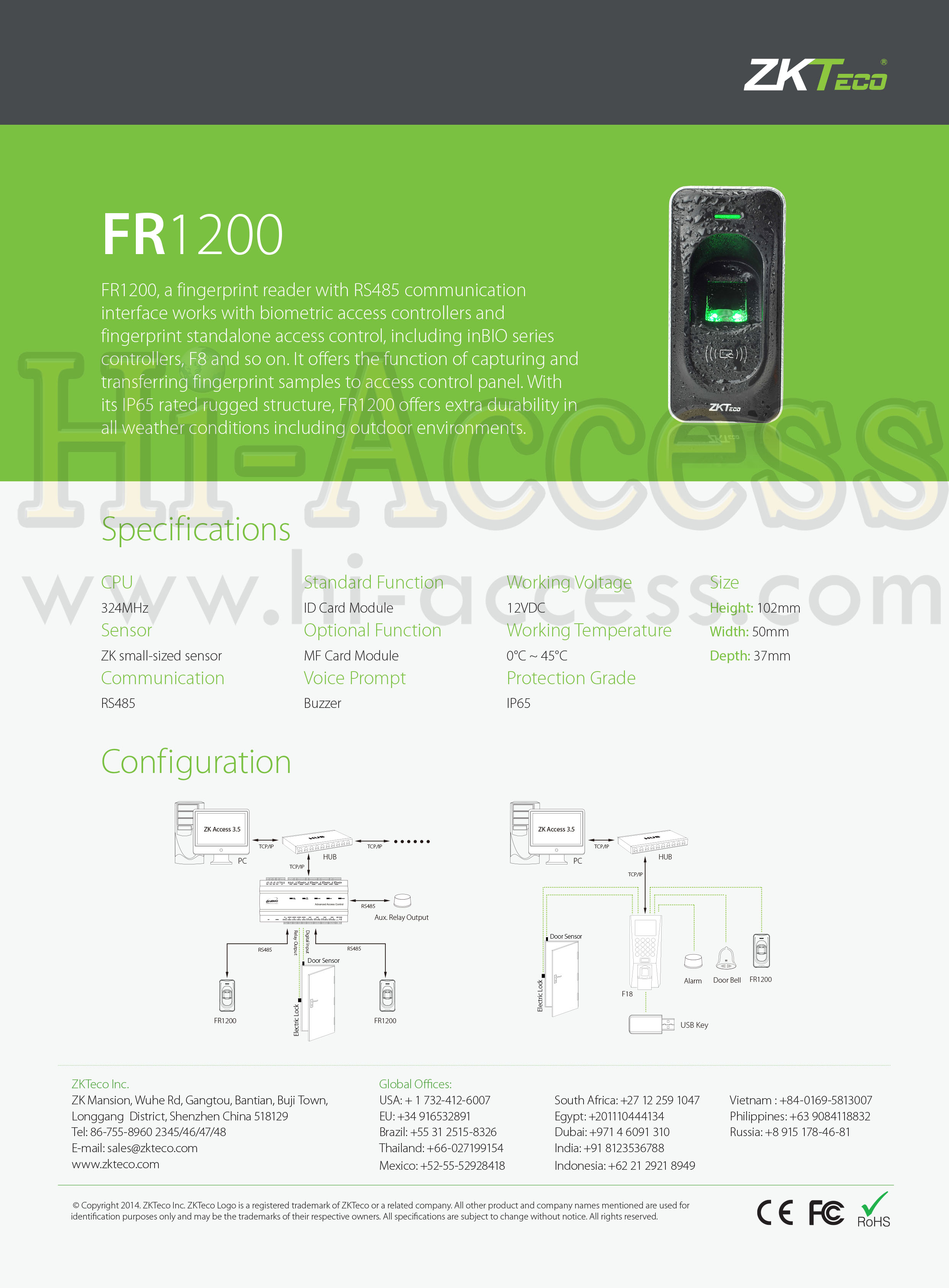 หัวอ่านสแกนลายนิ้วมือ ยี่ห้อ ZKTeco รุ่น FR1200 รองรับระบบ Access Control