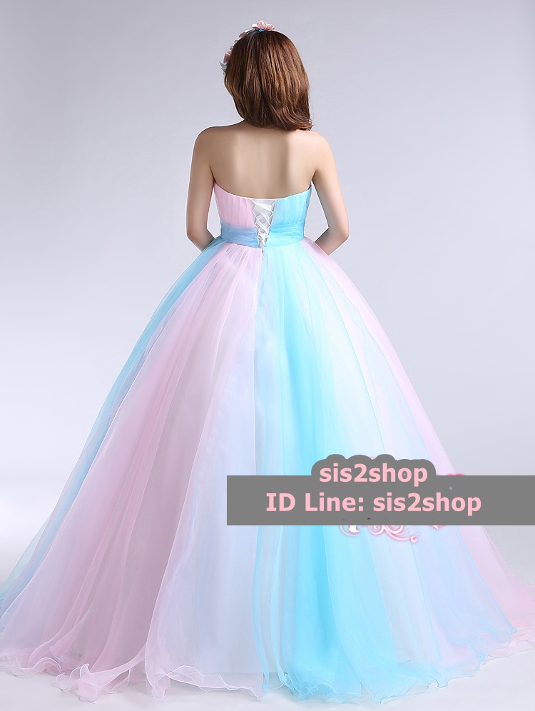 พร้อมเช่า ชุดแฟนซี ชุดราตรียาว สีฟ้า ชมพู สวยหวาน ผ้าโปร่งแต่งดอกไม้