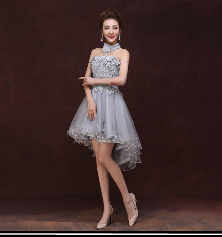 Pre-order ชุดราตรีสั้น เกาะอก ลูกไม้ หน้าสั้นหลังยาว พร้อมสร้อยคอลูกไม้ ถอดแยกได้ กระโปรงตาข่าย