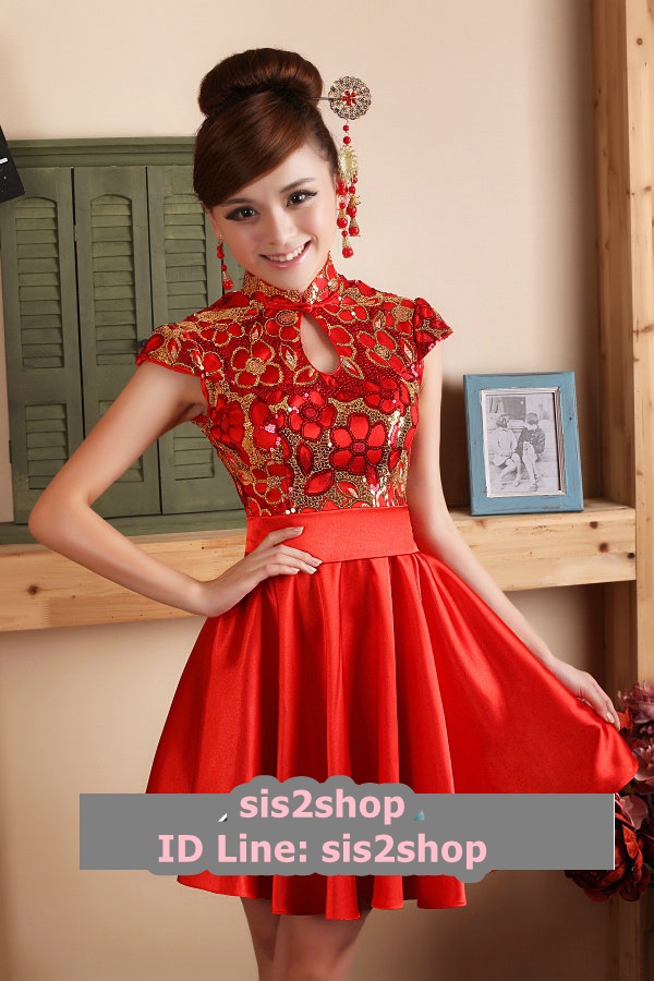 พร้อมเช่า ชุดแฟนซี ชุดราตรีสั้น ชุดกี่เพ้า คอจีน สีแดง กระโปรงจับจีบสวย