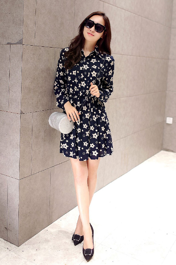 เดรสเชิ้ตลายดาว เอวจั๊ม แขนยาวแต่งสแนป (11429X)