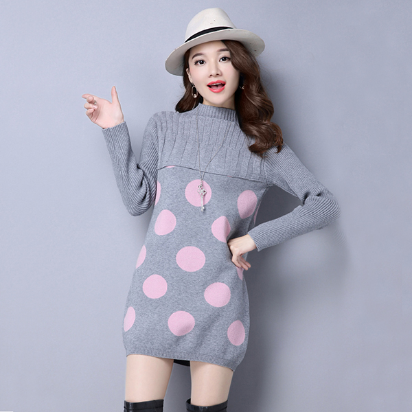 เดรสไหมพรมคอเต่า แขนยาว ถักลายวงกลม (12220B)