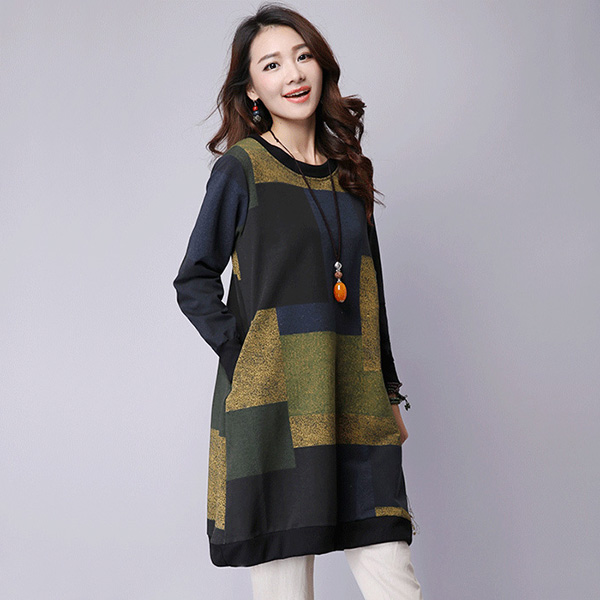 เดรสทรงปล่อยแฟชั่นวินเทจ แขนยาว แต่งกระเป๋าคู่ (11739M)