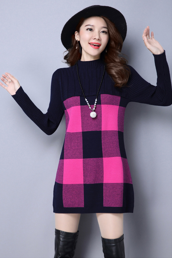 เดรสไหมพรมคอเต่า แขนยาว ถักลายตาราง (12219B)