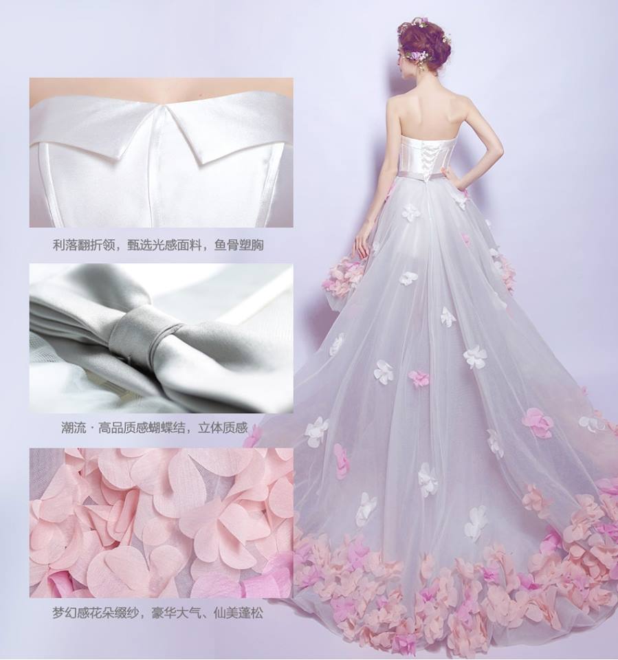 พร้อมเช่า ชุดแฟนซี ชุดราตรีสั้น หน้าสั้นหลังยาว เกาะอก สีเทาเงิน แต่งดอกไม้ทั่วตัว เชือกผูกหลัง