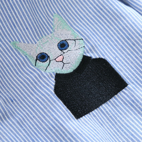 เดรสเชิ้ตแขนยาว เอวผูกจั๊ม แต่งปักลายแมว (12294LM)