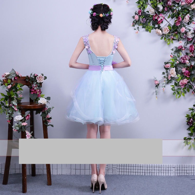 Pre-orderชุดแฟนซีชุดราตรีสั้นเแขนกุดแต่งดอกไม้สไตล์เจ้าหญิง