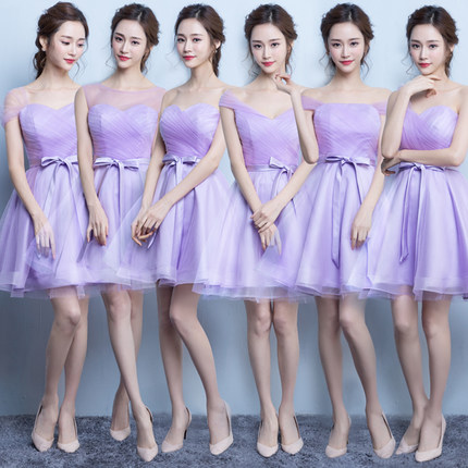 ชุดราตรีสั้น ชุดเพื่อนเจ้าสาว กระโปรงตาข่าย มีหลายแบบ สีม่วง (เชือกผูกหลัง)