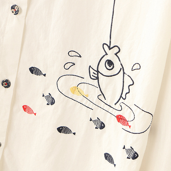 เดรสเชิ้ตแฟชั่นญี่ปุ่น แขนยาว ปักลายแมวตกปลา (12300LM)
