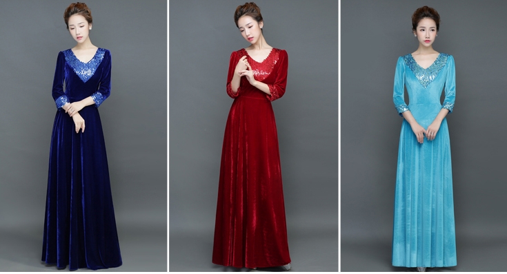 Pro-order ชุดราตรียาว แขนยาว คอวี ผ้ากำมะหยี่ แต่งเลื่อม ซิปหลัง ไซส์ใหญ่ XS-4XL