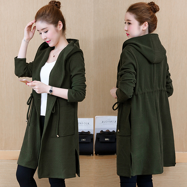 คาร์ดิแกน เสื้อคลุมกันหนาวตัวยาว มีฮู้ด แต่งกระเป๋าคู่ (12051B)