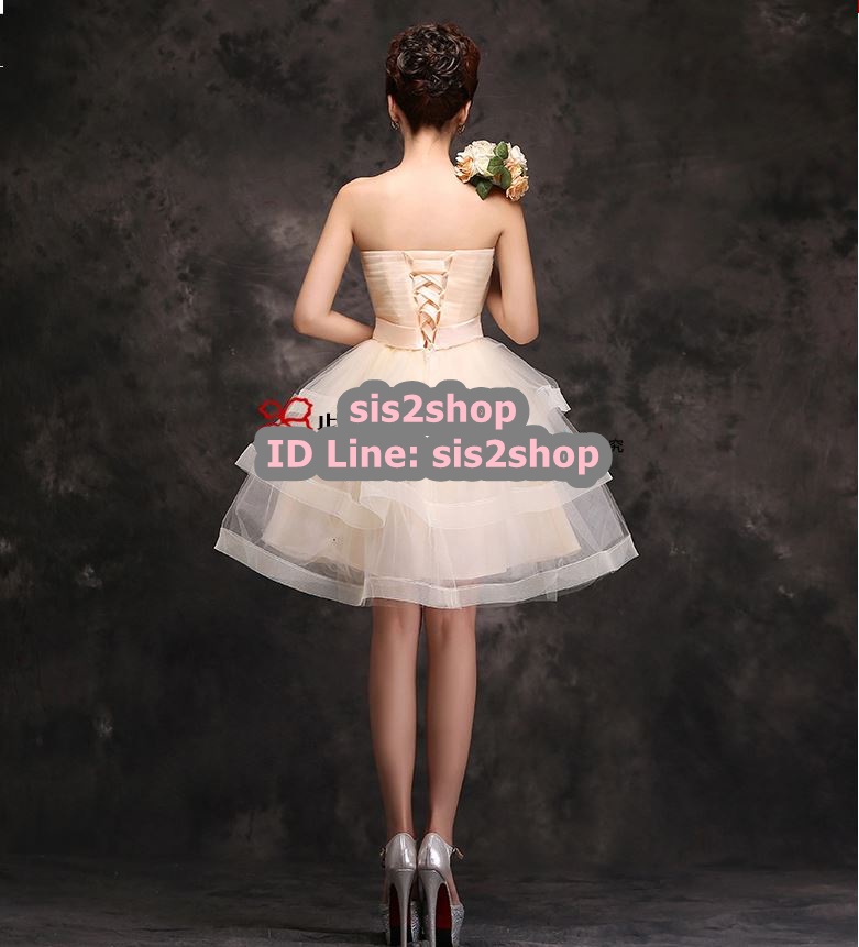 พร้อมเช่า ชุดแฟนซีสั้น เกาะอก กระโปรงระบาย 3 ชั้น แต่งโบว์ช่วงเอว สีครีม Champagne สวยหวาน (ด้านหลังเป็นเชือกผูก)