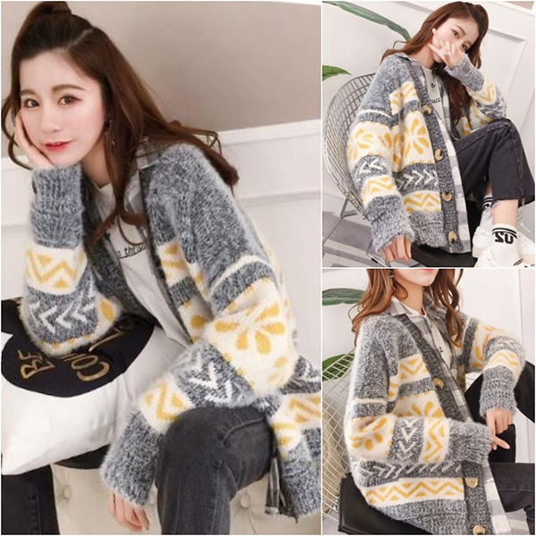 คาร์ดิแกนกันหนาวรุ่นหนา เสื้อคลุมไหมพรมขนนุ่มถักลายวินเทจ (12275B)