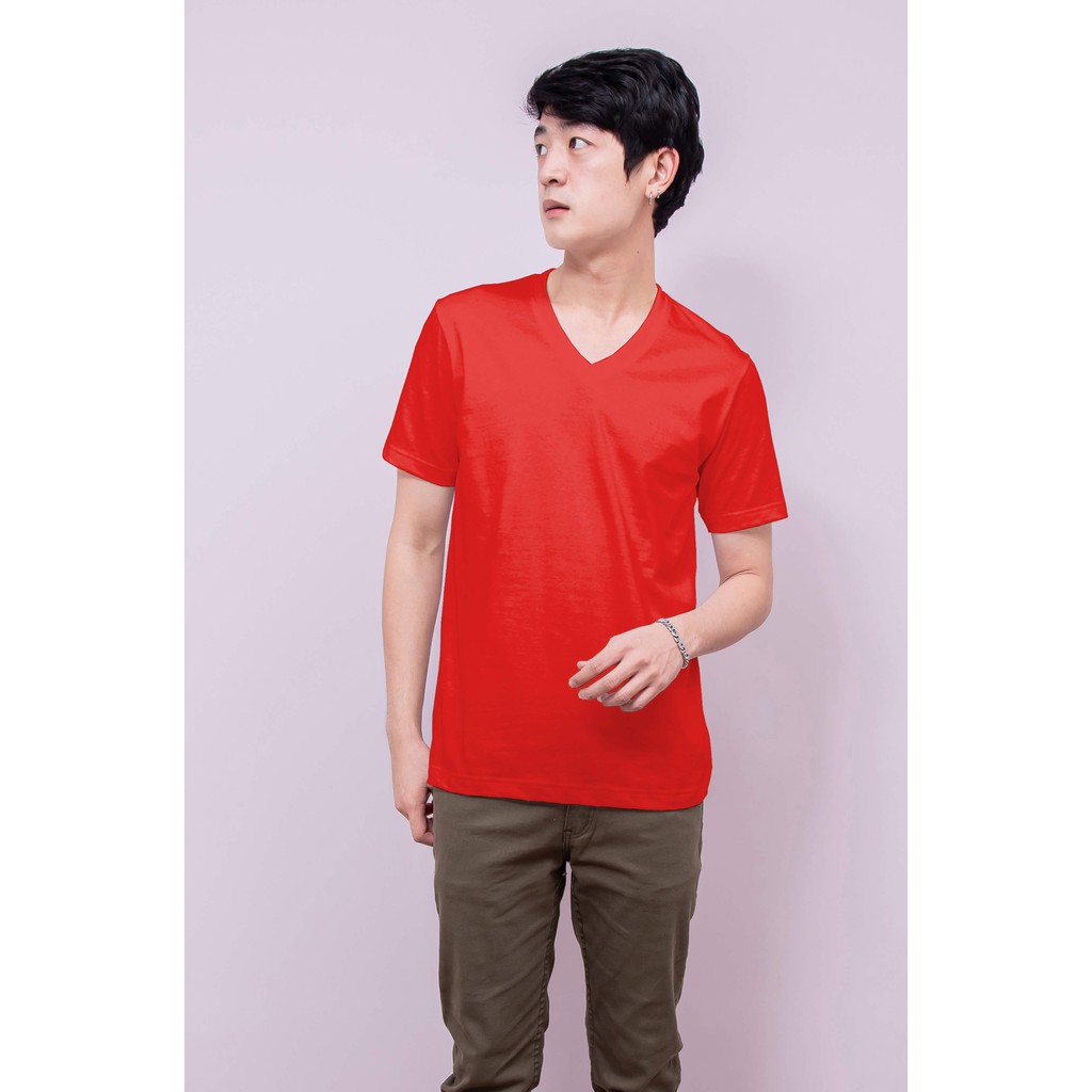 เสื้อยืด OV102 คอวี ผ้าCotton100% 32 เนื้อนุ่ม ใส่สบาย สีแดงอมส้ม