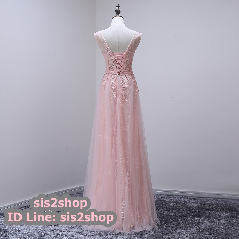 พร้อมส่ง ชุดราตรียาว แขนกุด สีชมพู แต่งลายลูกไม้ ผ้าตาข่าย ข้างในปักเลื่อม สวยหรู เชือกผูกหลัง