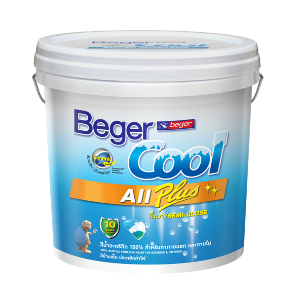 BegerCool All Plus Semi-gloss เบเยอร์คูล ออลพลัส กึ่งเงา สีน้ำอะครีลิกกึ่งเงา เบส A (ยังไม่รวมแม่สี) 9ลิตร/2.5 แกลลอน (Super White)