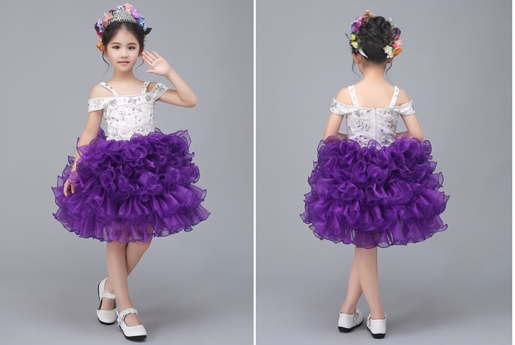 Pre-order ชุดแฟนซี ชุดแสดง ชุดกระโปรง แบบไหล่ปาด แต่งเพชร กระโปรงผ้าแก้วเป็นชั้นๆ