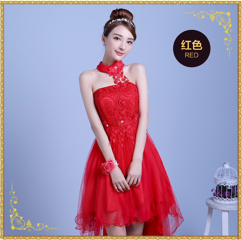 พร้อมส่ง ชุดราตรีสั้น เพื่อนเจ้าสาว สีแดง กระโปรงตาข่ายแบบเกาะอก หน้าสั้นหลังยาว พร้อมสร้อยคอลายลูกไม้ ถอดแยกได้ ซิปข้างลำตัว (จับสม๊อกด้านหลัง) **เหลือเฉพาะไซส์ใหญ่**