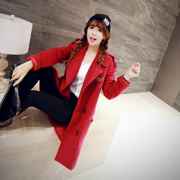 เสื้อโค้ทกันหนาวตัวยาว ผ้าวูลเนื้อหนาแต่งกระดุมคู่ (11730CV)