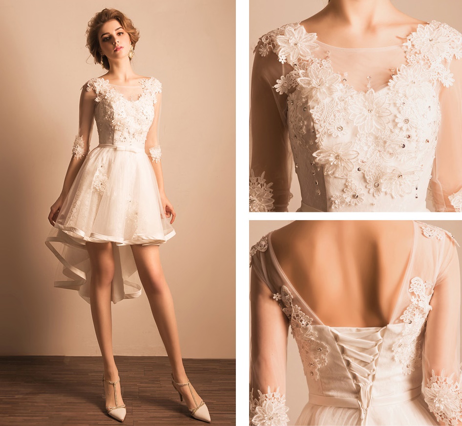 Pre-order ชุดแฟนซี ชุดเจ้าสาว ชุดราตรี สีขาว หน้าสั้นหลังยาว แต่งผ้าลูกไม้ เชือกผูกหลัง