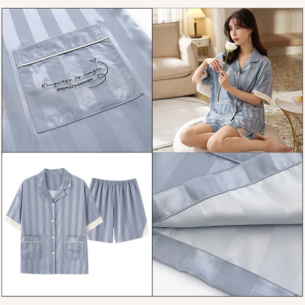 🚩พร้อมส่ง🚩ชุดนอน Silk Satin แขนสั้นขาสั้น ชุดนอนซาตินเกรดพรีเมี่ยม ผ้านุ่มลื่นละมุนผิว แต่งปักลูกไม้ (CT116-5)