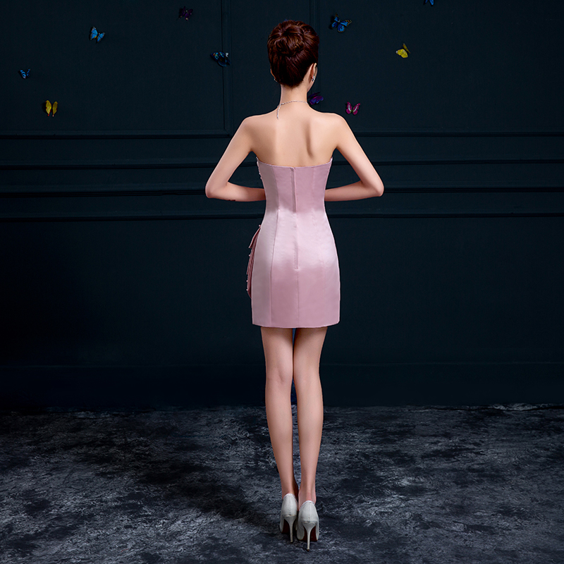 Pre-order ชุดราตรีสั้น เกาะอก ผ้าซาติน จับเดรป แต่งเลื่อม ปักมุก มีซิป