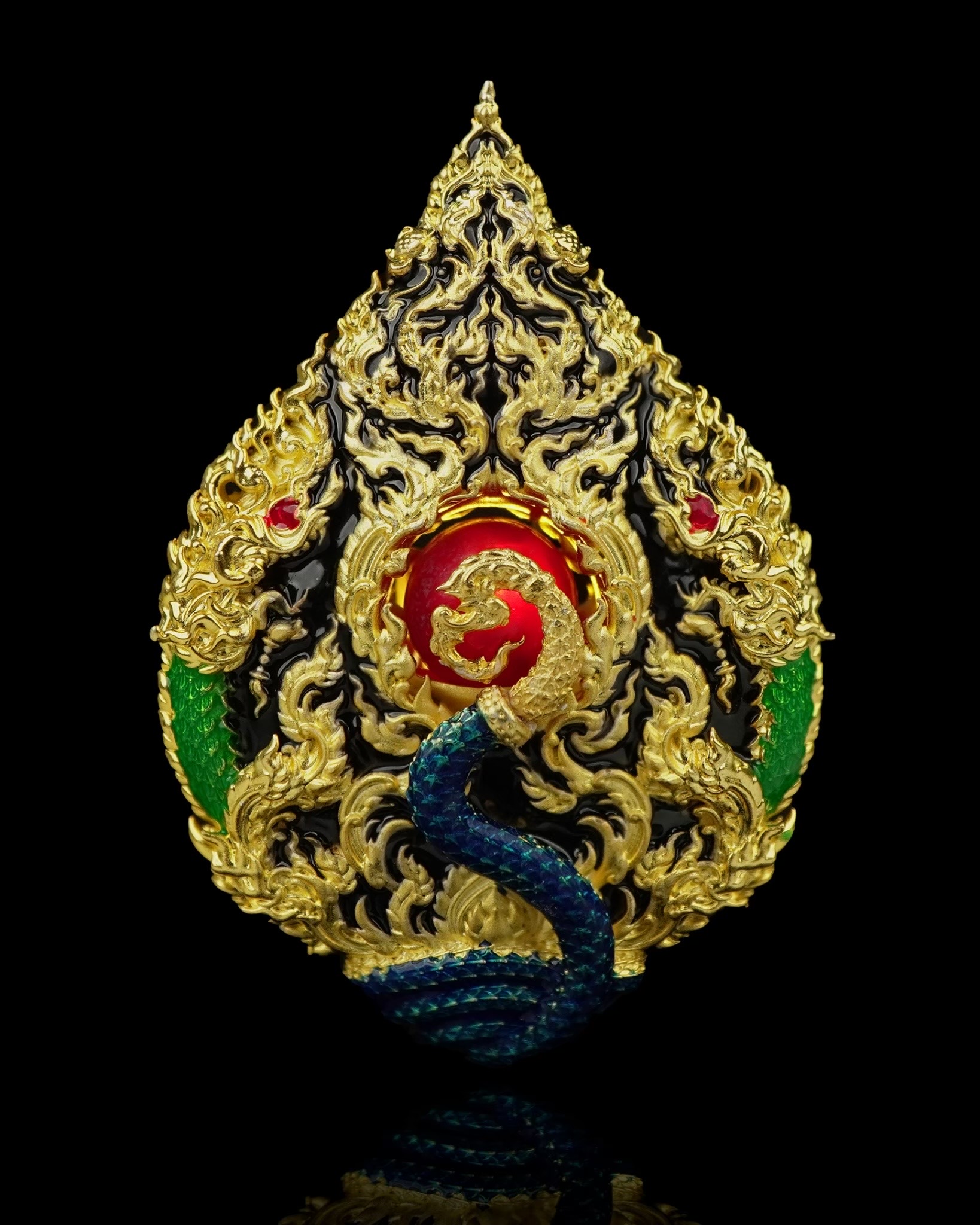 เหรียญมณีนาคราชแก้วบุญฤทธิ์ รหัส7 เนื้อบรอนซ์ชุบทอง ลงยาดำเขียว